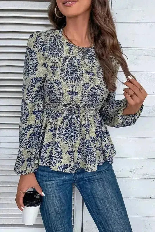 Floral Smocked Peplum Balloon Sleeve Blouse Women UK | Boho