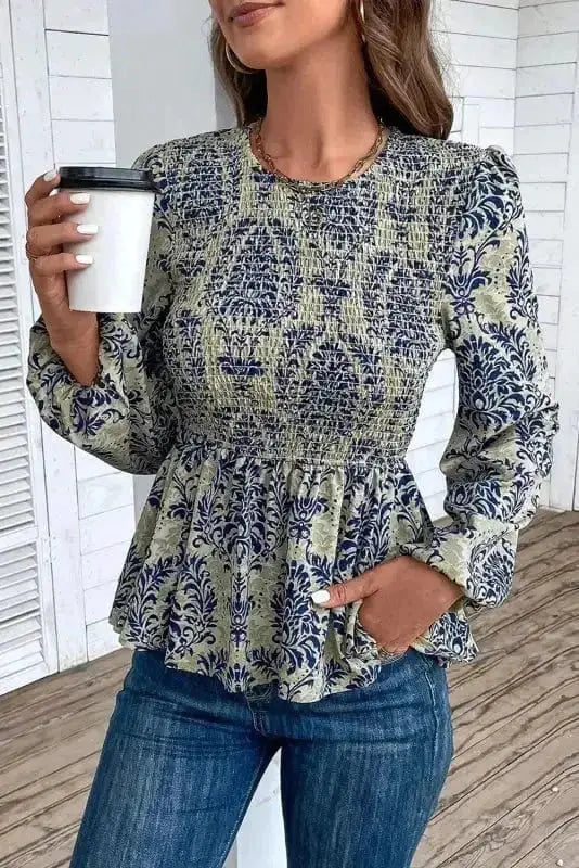 Floral Smocked Peplum Balloon Sleeve Blouse Women UK | Boho
