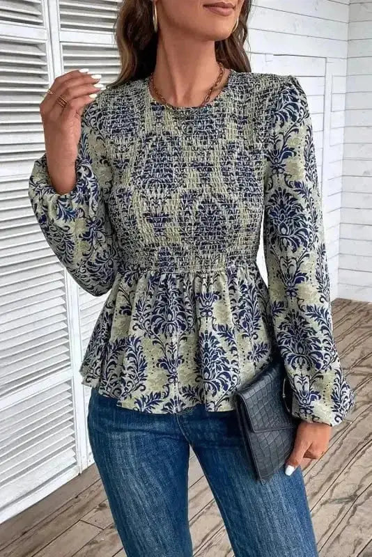 Floral Smocked Peplum Balloon Sleeve Blouse Women UK | Boho