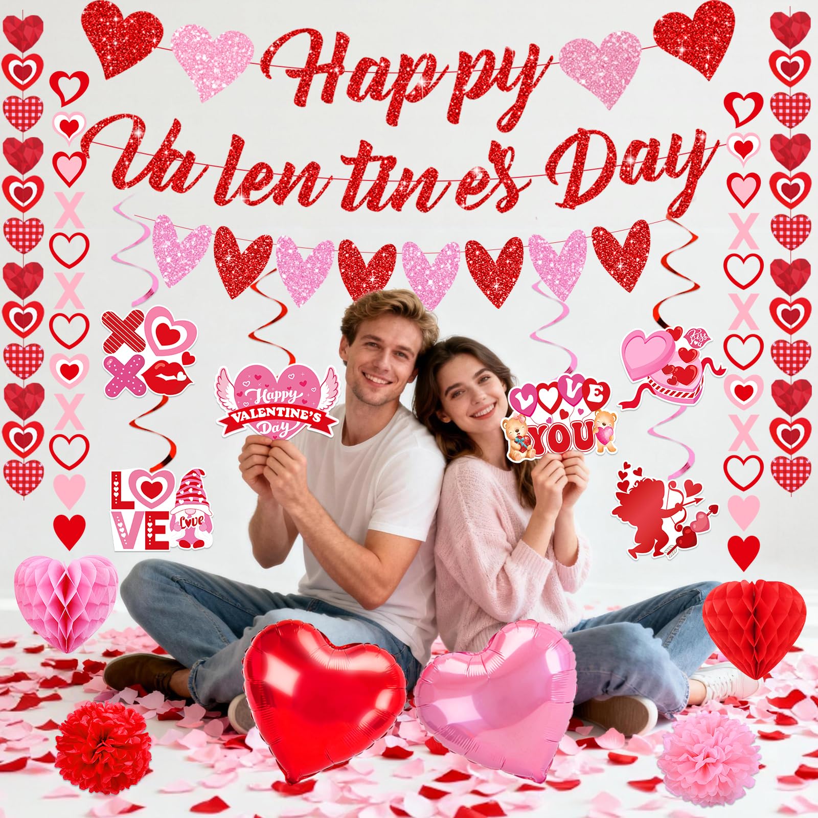 Bolake Valentines Day Decorations Set | Happy Banner, Heart Garlands & Balloons