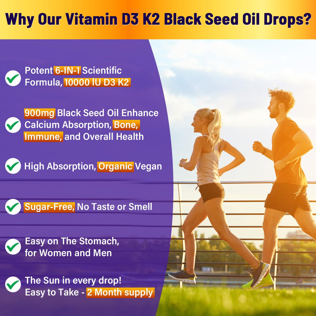 Vitamin D3 K2 Tropfen 10000IE mit Bio-Schwarzkümmelöl – 6-in-1 Flüssigkeit (59 ml)