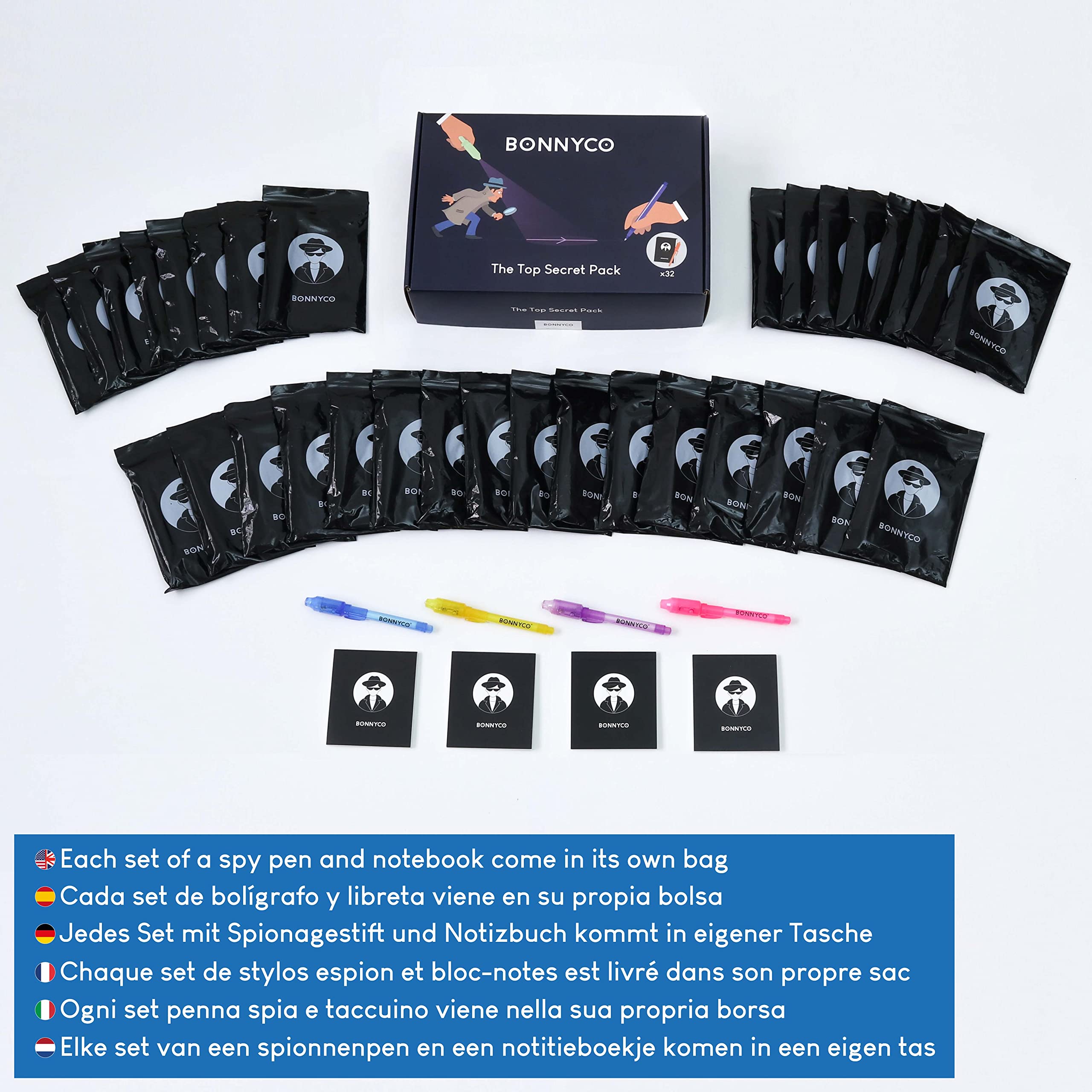 BONNYCO Invisible Ink Pen & Notebook Pack – 32 Spy Sets for Party Favors, Goody Bags & Classroom Prizes