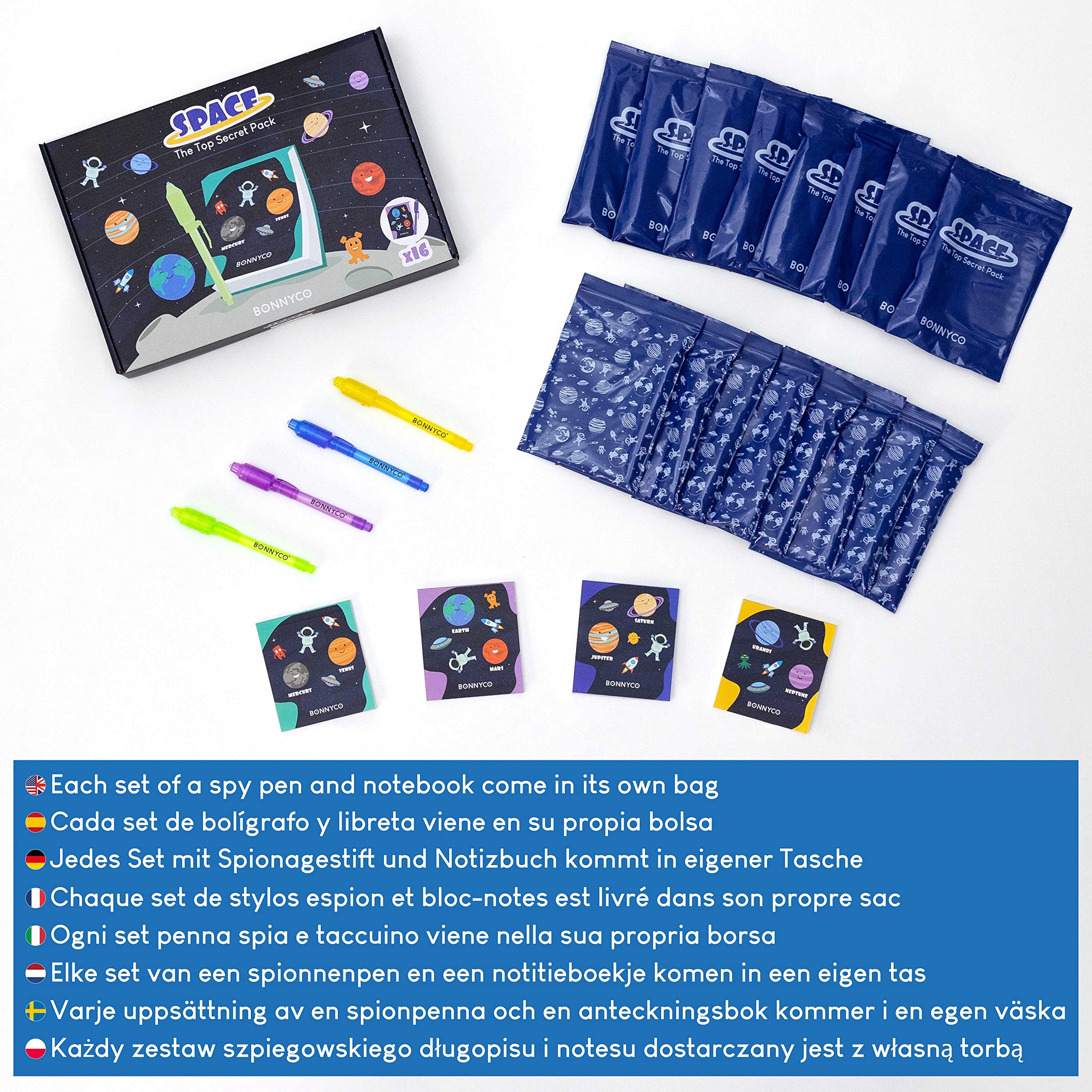 BONNYCO Invisible Ink Pen & Notebook Pack — 16 Space Party Favors for Kids