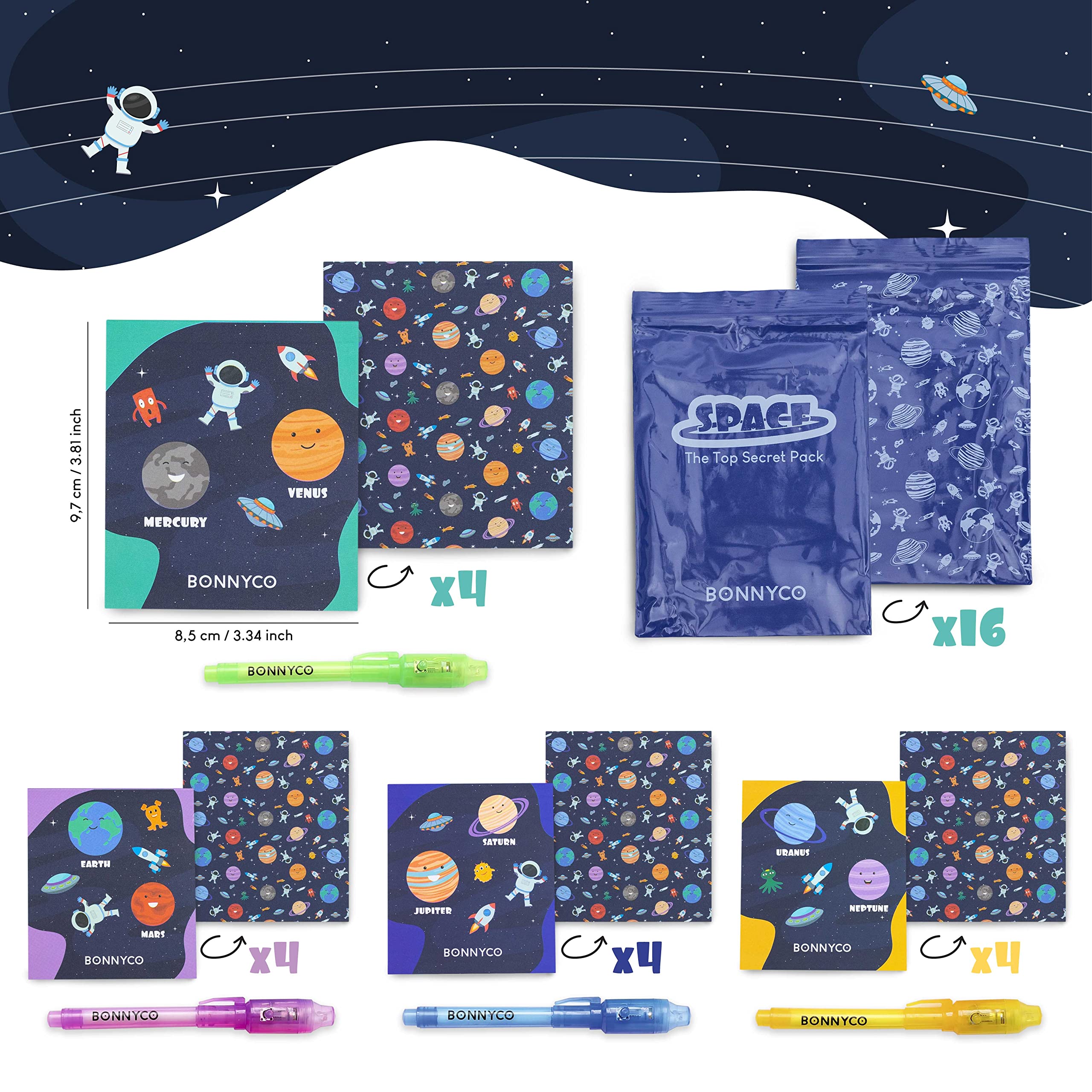BONNYCO Invisible Ink Pen & Notebook Pack — 16 Space Party Favors for Kids