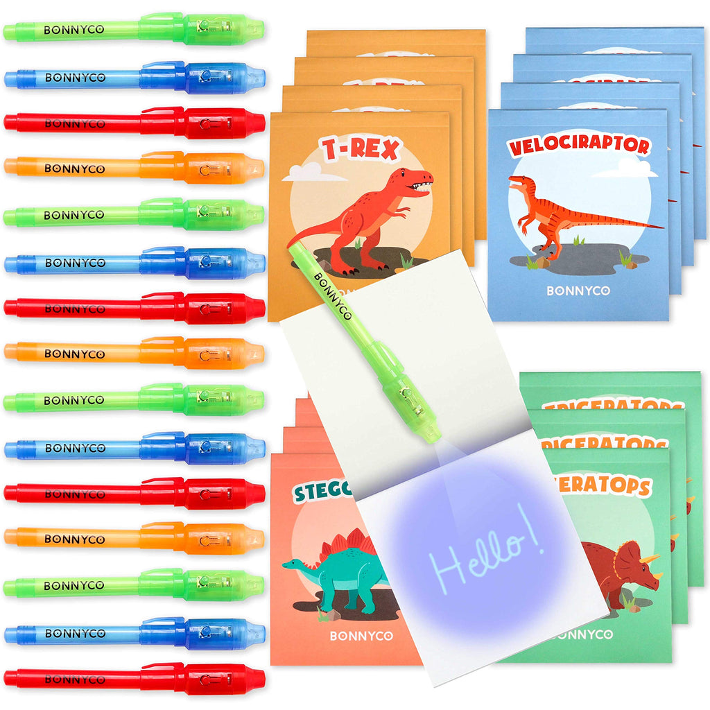 BONNYCO Invisible Ink Pen & Notebook Pack 16 — Dinosaur Party Favors for Kids