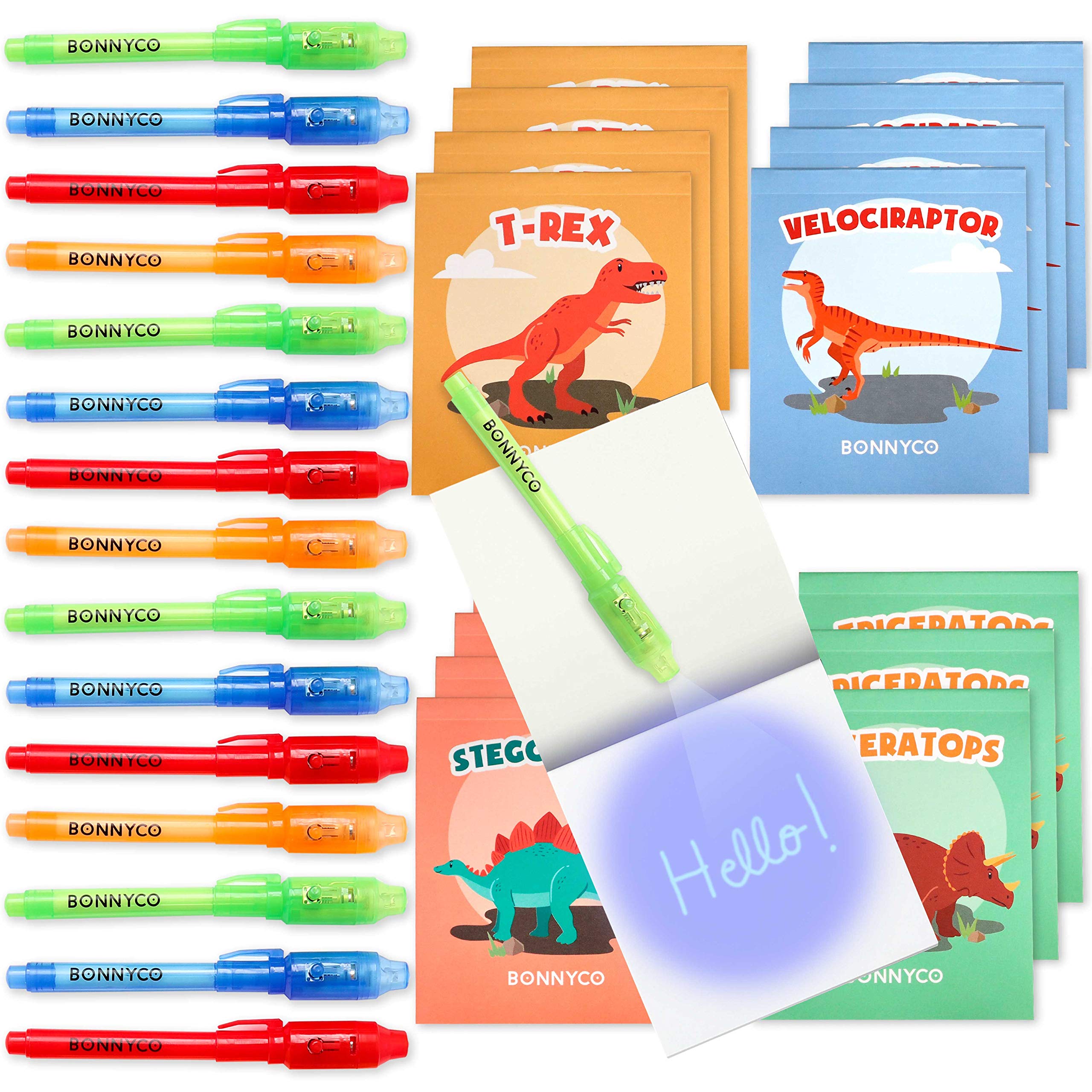 BONNYCO Invisible Ink Pen & Notebook Pack 16 — Dinosaur Party Favors for Kids