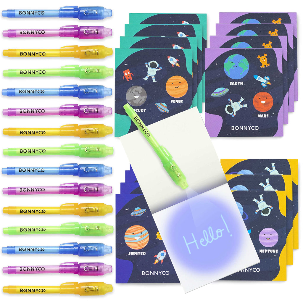 BONNYCO Invisible Ink Pen & Notebook Pack — 16 Space Party Favors for Kids