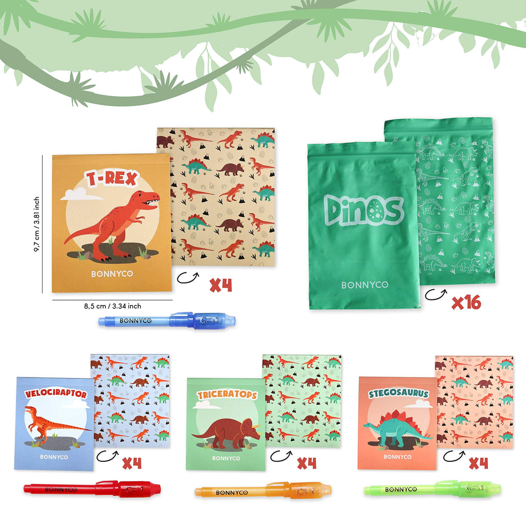 BONNYCO Invisible Ink Pen & Notebook Pack 16 — Dinosaur Party Favors for Kids