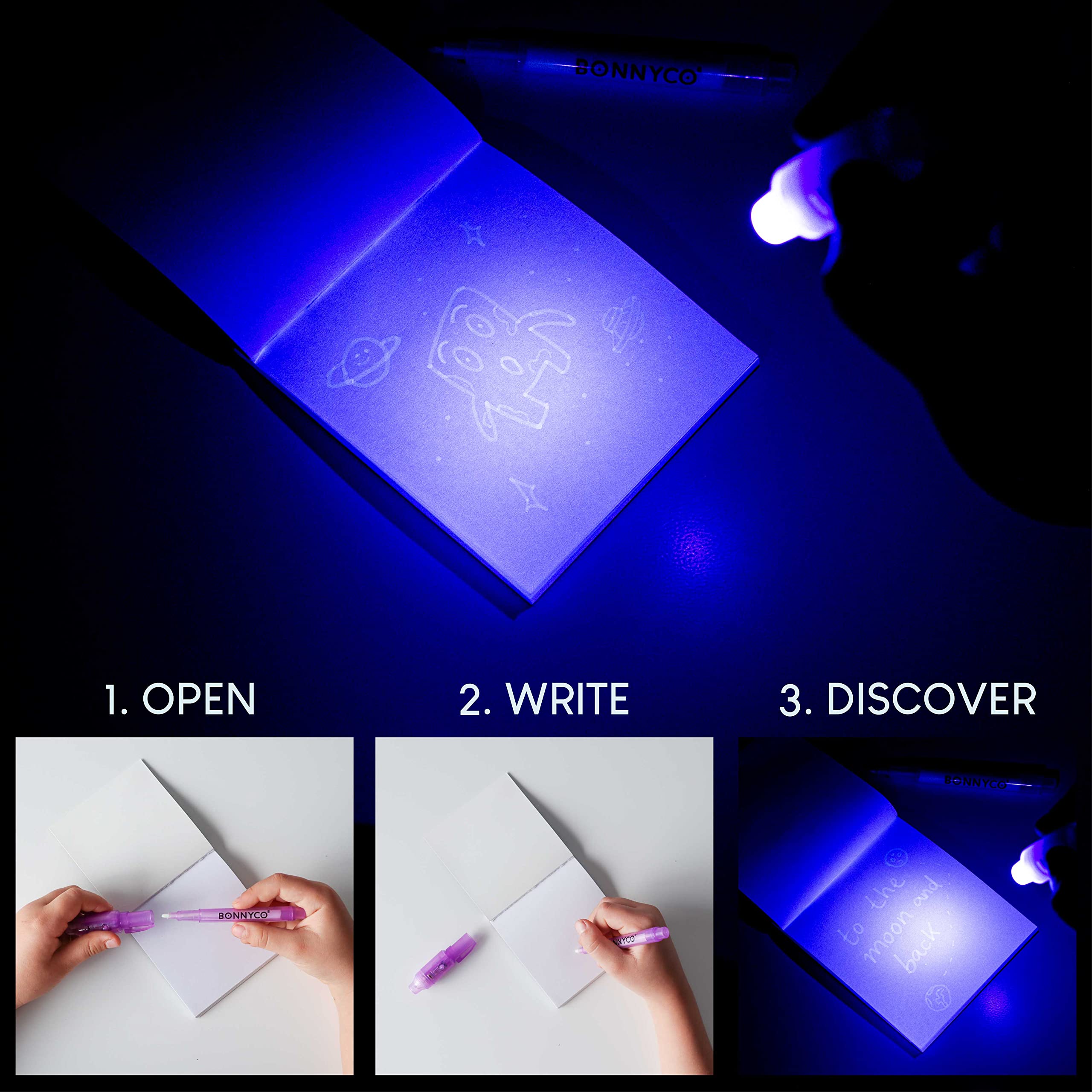BONNYCO Invisible Ink Pen & Notebook Pack — 16 Space Party Favors for Kids