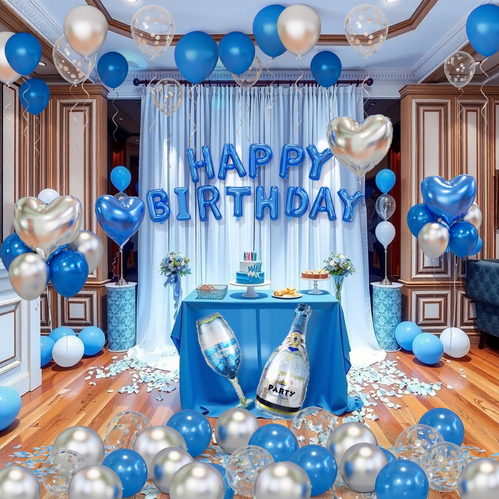 Bonropin Blue Happy Birthday Decorations — Blue & Silver Balloon Letters Banner, Heart Foil Balloons & Rose Petals