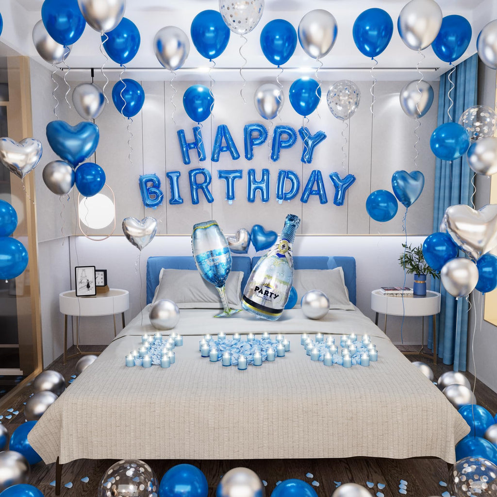 Bonropin Blue Happy Birthday Decorations — Blue & Silver Balloon Letters Banner, Heart Foil Balloons & Rose Petals