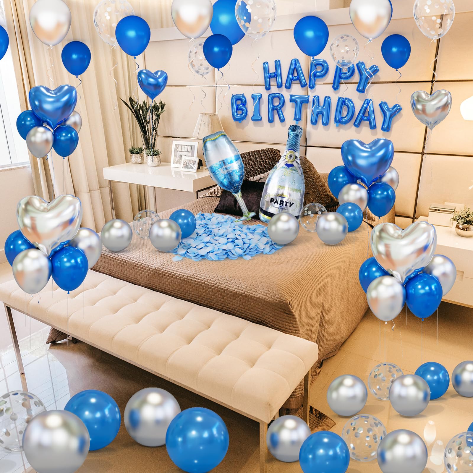 Bonropin Blue Happy Birthday Decorations — Blue & Silver Balloon Letters Banner, Heart Foil Balloons & Rose Petals