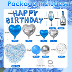 Bonropin Blue Happy Birthday Decorations — Blue & Silver Balloon Letters Banner, Heart Foil Balloons & Rose Petals