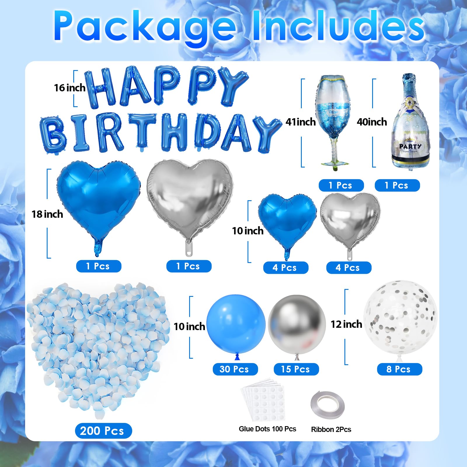 Bonropin Blue Happy Birthday Decorations — Blue & Silver Balloon Letters Banner, Heart Foil Balloons & Rose Petals