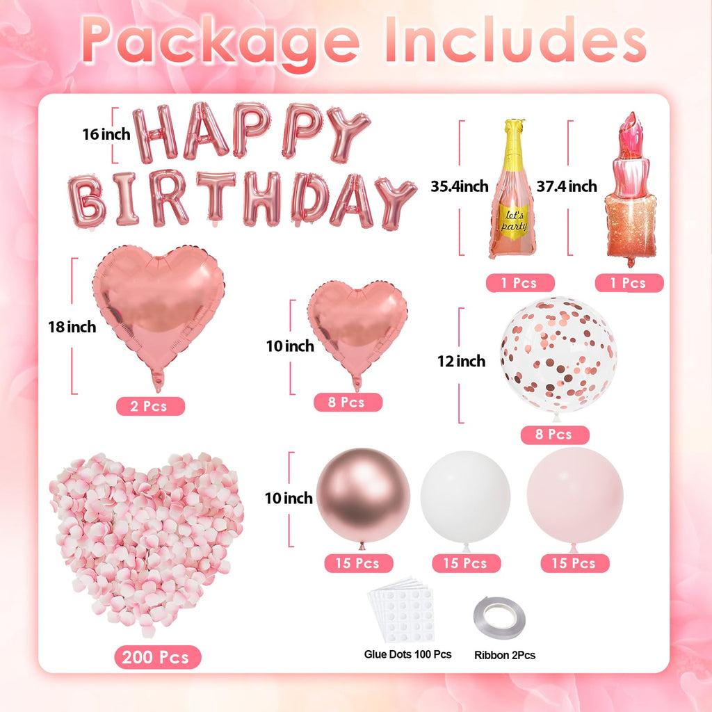 Bonropin Rose Gold Birthday Decorations — Pink Balloons, Heart Foil, Lipstick & Champagne Bottle Decor