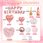 Bonropin Rose Gold Birthday Decorations — Pink Balloons, Heart Foil, Lipstick & Champagne Bottle Decor