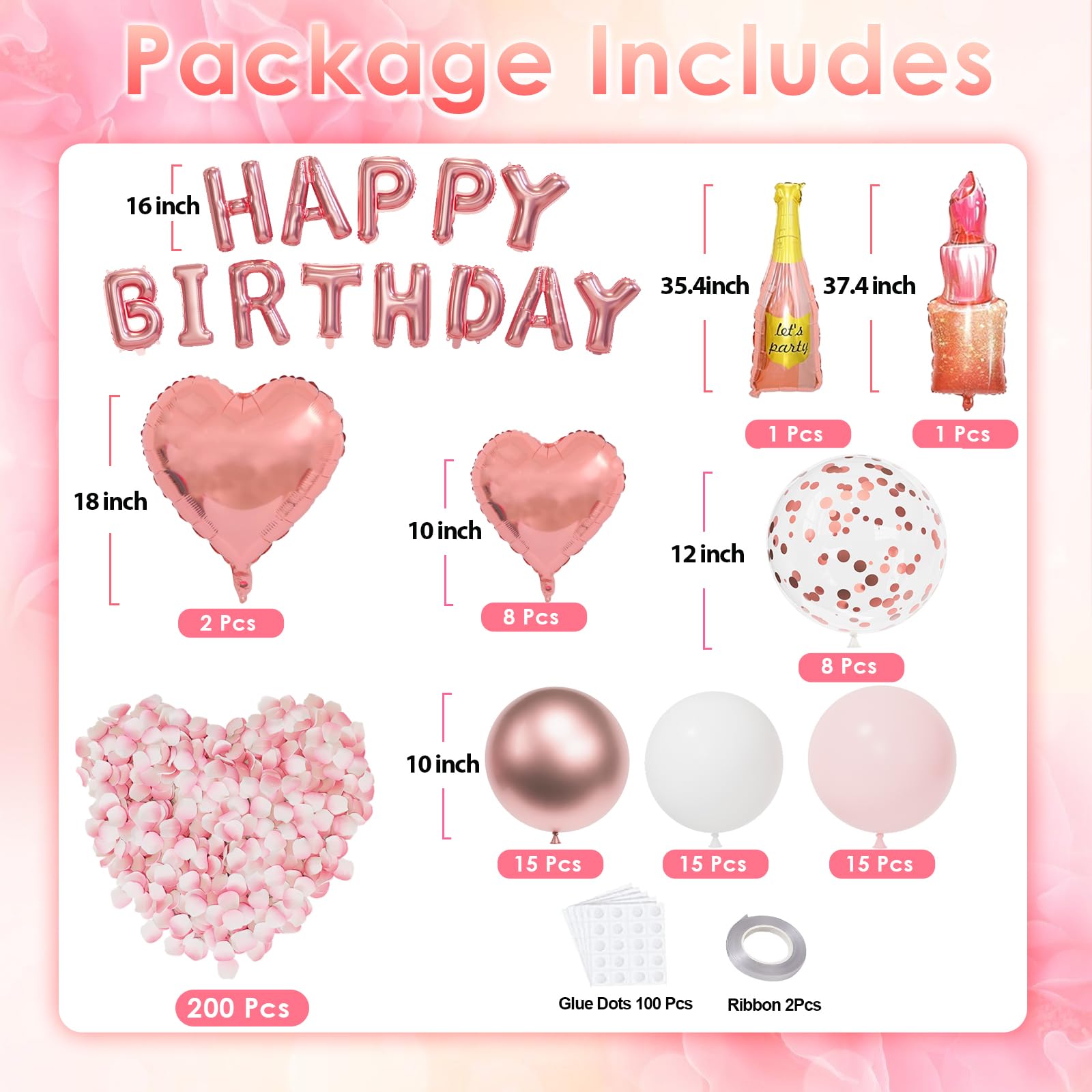 Bonropin Rose Gold Birthday Decorations — Pink Balloons, Heart Foil, Lipstick & Champagne Bottle Decor