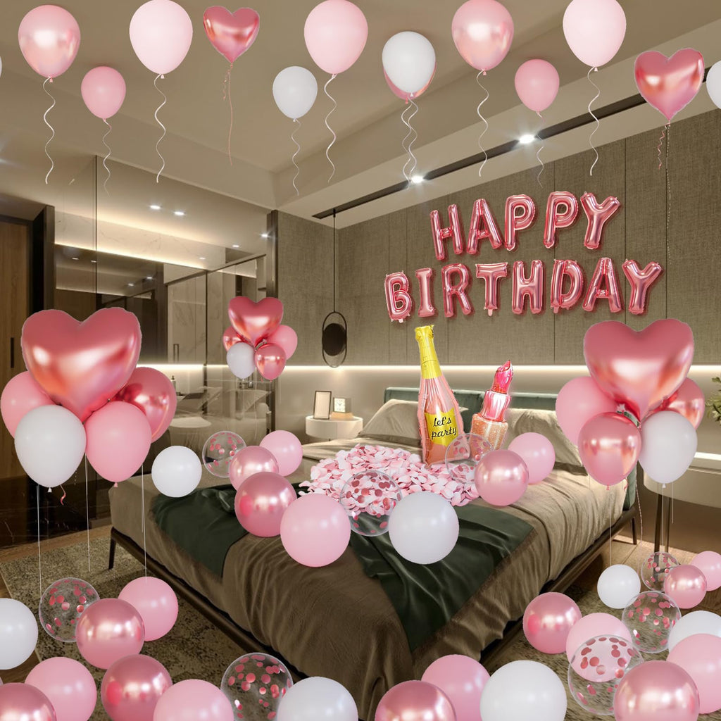 Bonropin Rose Gold Birthday Decorations — Pink Balloons, Heart Foil, Lipstick & Champagne Bottle Decor