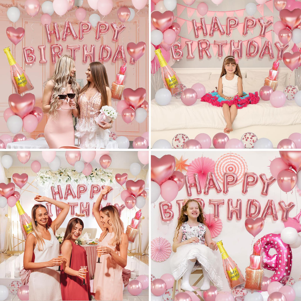 Bonropin Rose Gold Birthday Decorations — Pink Balloons, Heart Foil, Lipstick & Champagne Bottle Decor