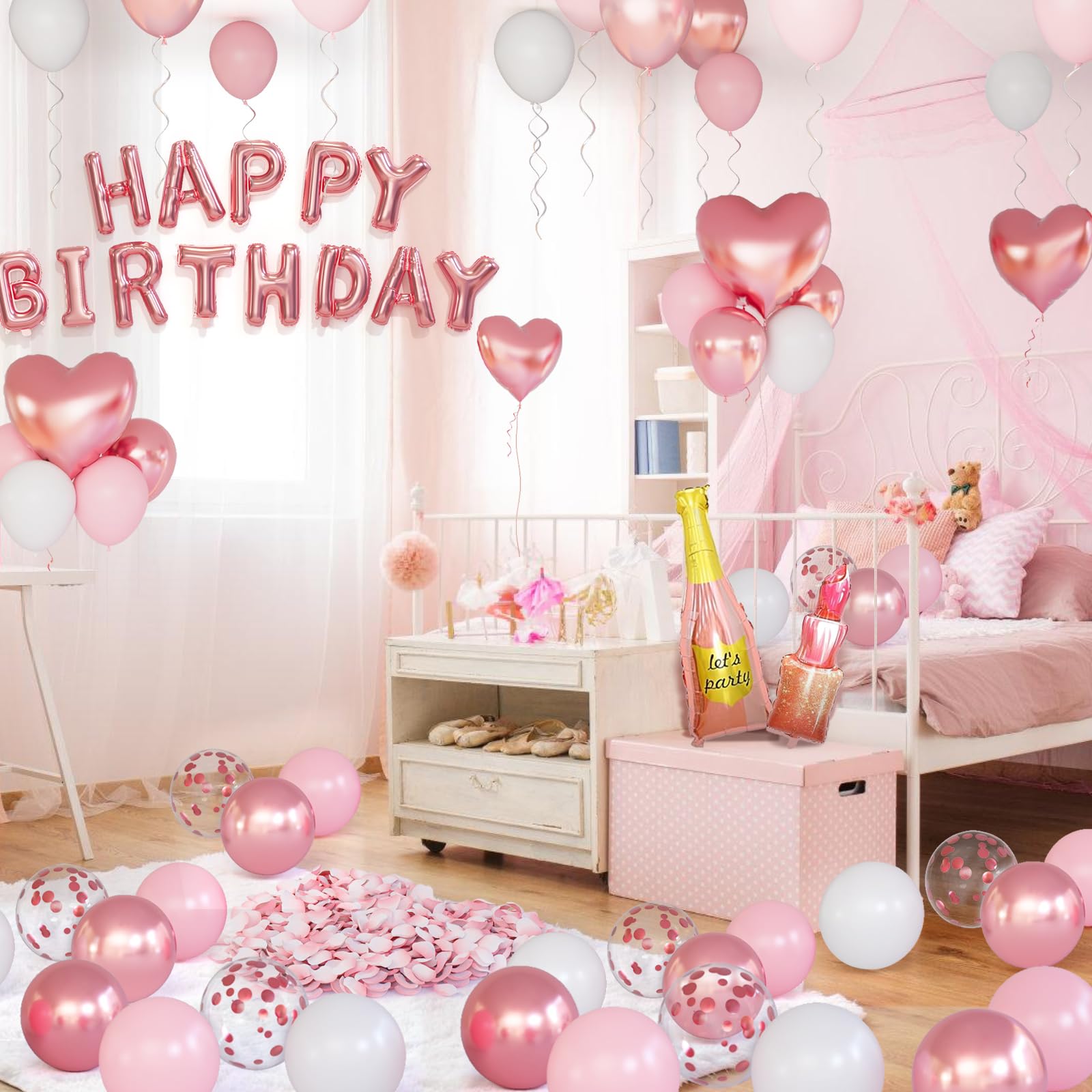 Bonropin Rose Gold Birthday Decorations — Pink Balloons, Heart Foil, Lipstick & Champagne Bottle Decor