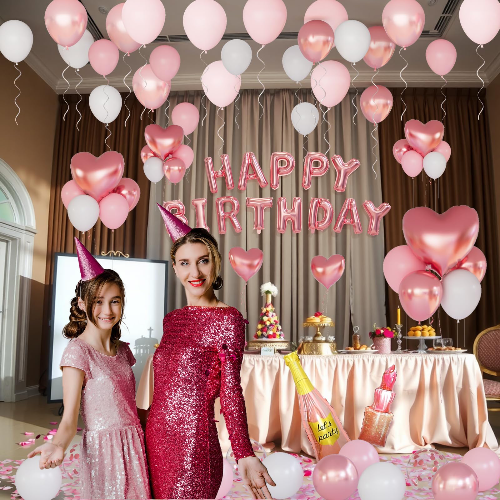 Bonropin Rose Gold Birthday Decorations — Pink Balloons, Heart Foil, Lipstick & Champagne Bottle Decor