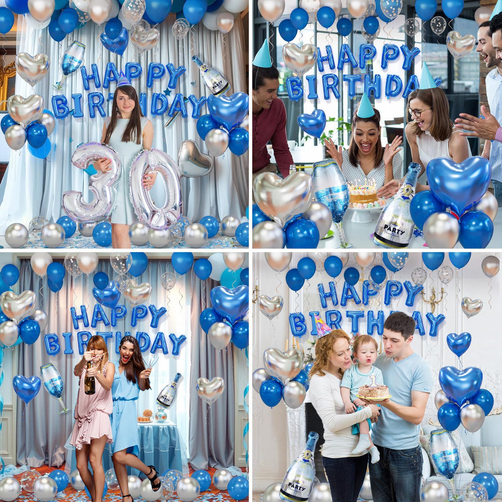 Bonropin Blue Happy Birthday Decorations — Blue & Silver Balloon Letters Banner, Heart Foil Balloons & Rose Petals