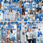 Bonropin Blue Happy Birthday Decorations — Blue & Silver Balloon Letters Banner, Heart Foil Balloons & Rose Petals