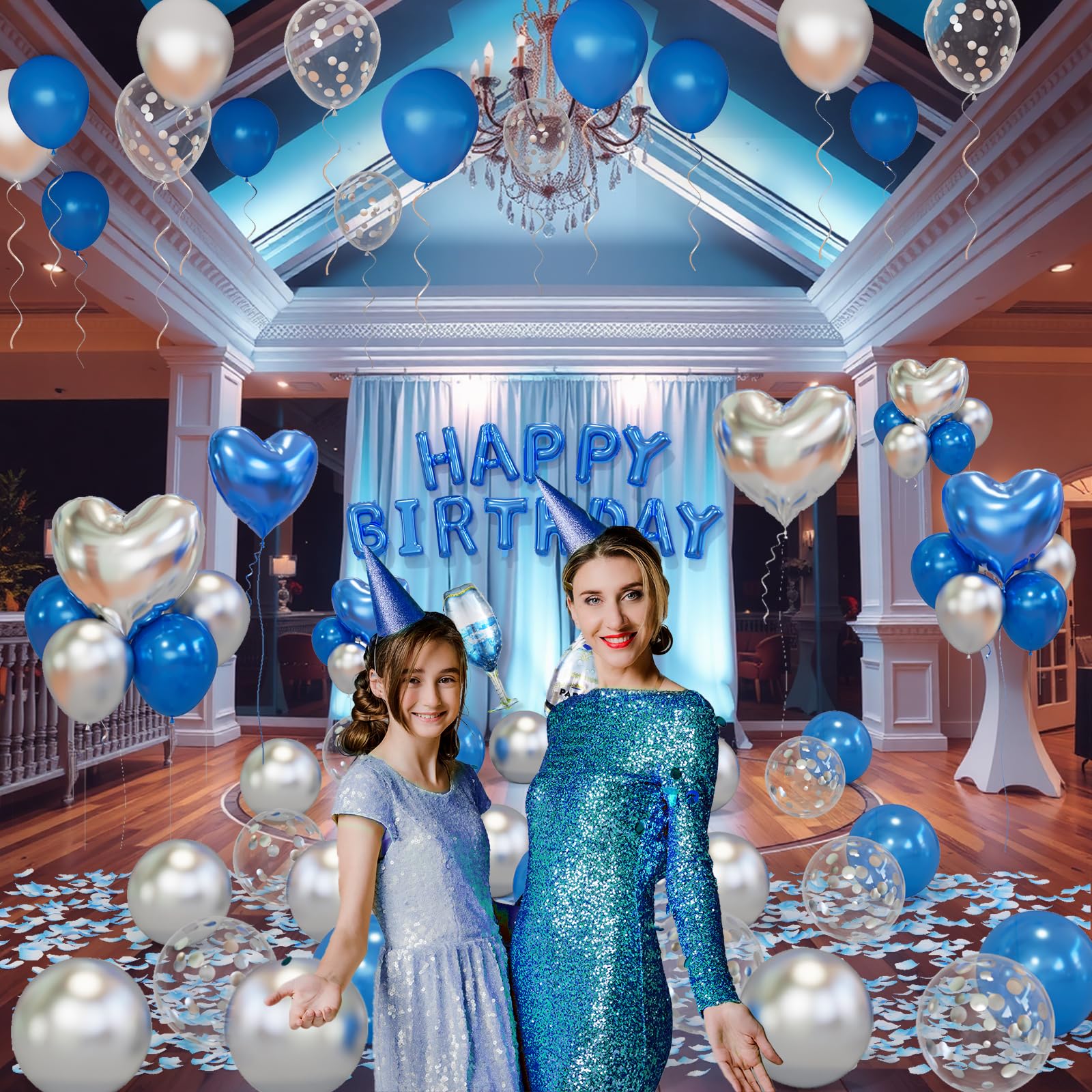 Bonropin Blue Happy Birthday Decorations — Blue & Silver Balloon Letters Banner, Heart Foil Balloons & Rose Petals