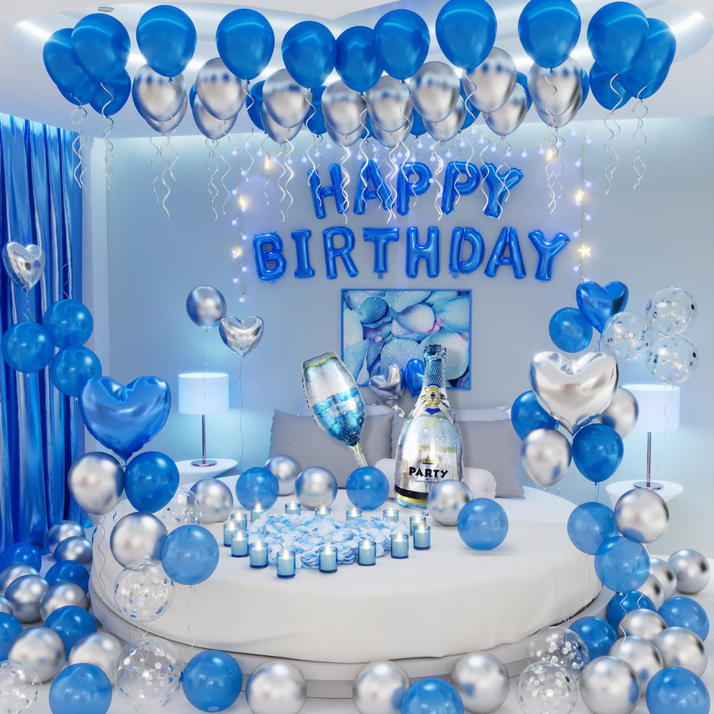 Bonropin Blue Happy Birthday Decorations — Blue & Silver Balloon Letters Banner, Heart Foil Balloons & Rose Petals