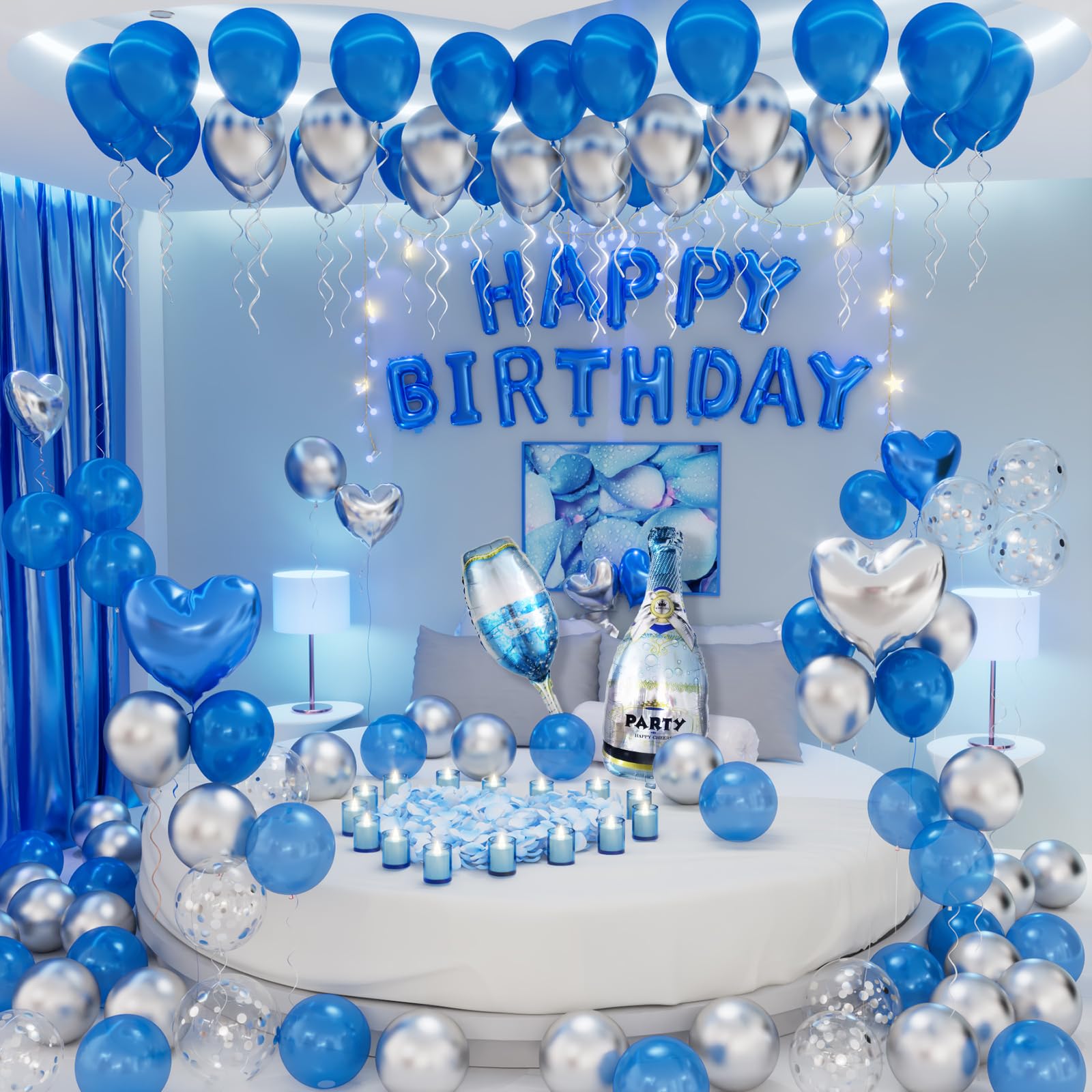 Bonropin Blue Happy Birthday Decorations — Blue & Silver Balloon Letters Banner, Heart Foil Balloons & Rose Petals