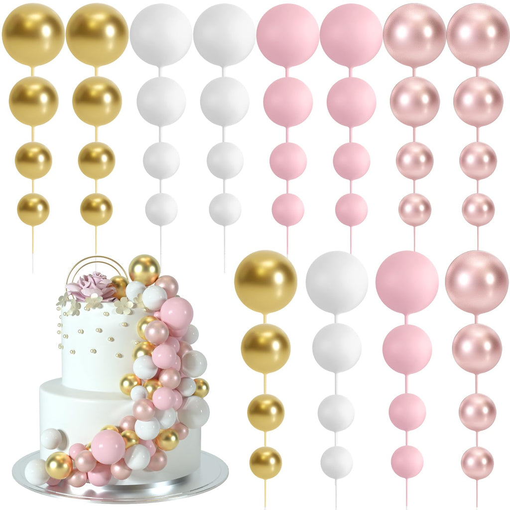 BOUBONI 48 Pcs Cake Topper Decorations – Balloon Toppers & Foam Ball Picks (Rose Gold, Pink, White, Gold)