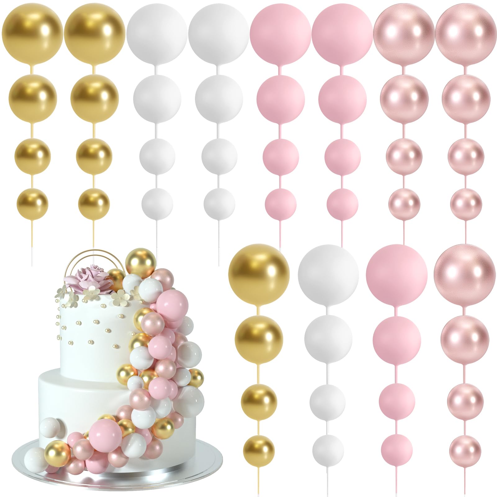 BOUBONI 48 Pcs Cake Topper Decorations – Balloon Toppers & Foam Ball Picks (Rose Gold, Pink, White, Gold)