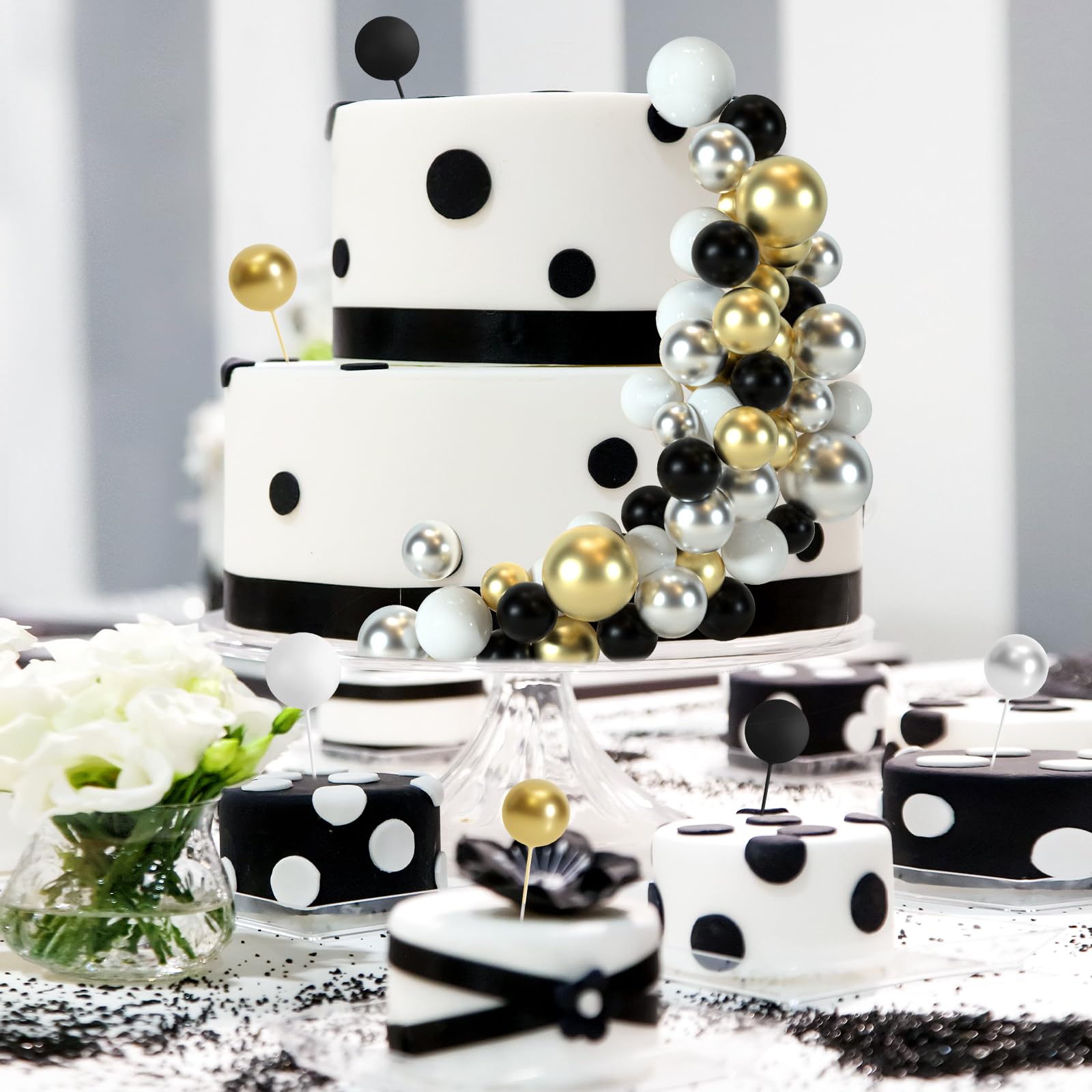 BOUBONI 48 Pcs Ball Cake Toppers – Foam Ball Decorations for Birthday, Wedding & Anniversary (Black, Silver, White, Gold)