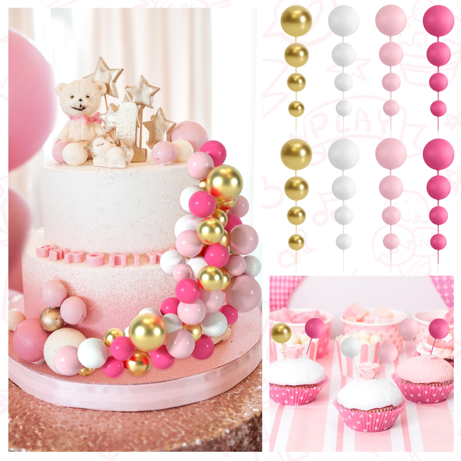BOUBONI 48 Pcs Ball Cake Topper Decorations – Foam Ball Toppers for Birthday & Wedding