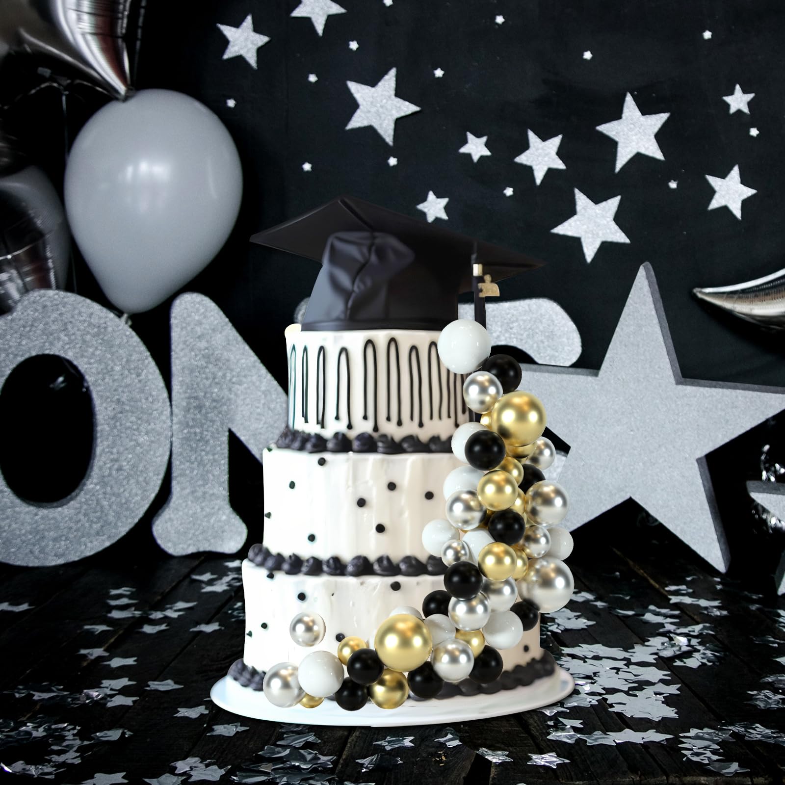 BOUBONI 48 Pcs Ball Cake Toppers – Foam Ball Decorations for Birthday, Wedding & Anniversary (Black, Silver, White, Gold)