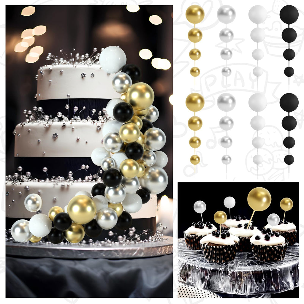 BOUBONI 48 Pcs Ball Cake Toppers – Foam Ball Decorations for Birthday, Wedding & Anniversary (Black, Silver, White, Gold)