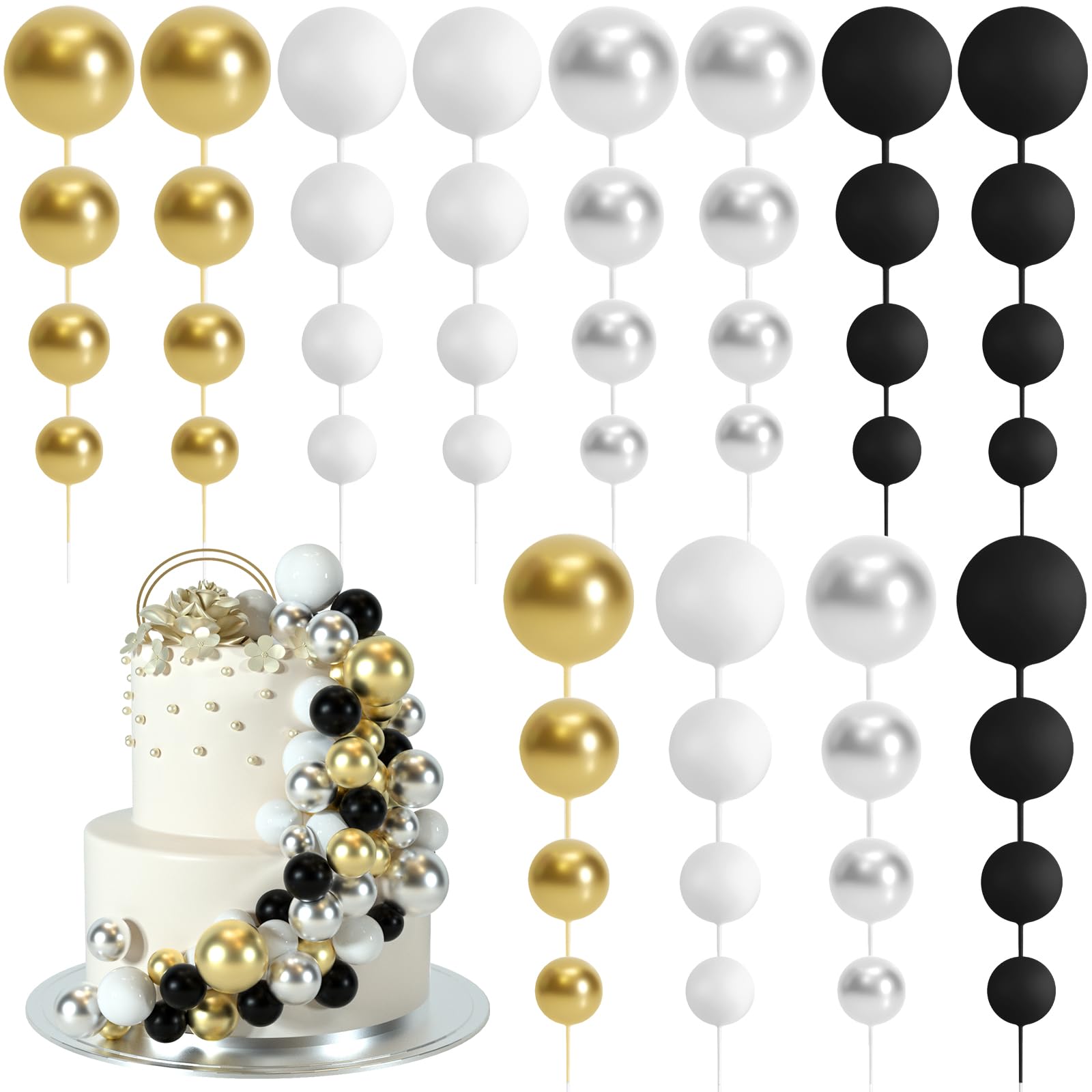 BOUBONI 48 Pcs Ball Cake Toppers – Foam Ball Decorations for Birthday, Wedding & Anniversary (Black, Silver, White, Gold)