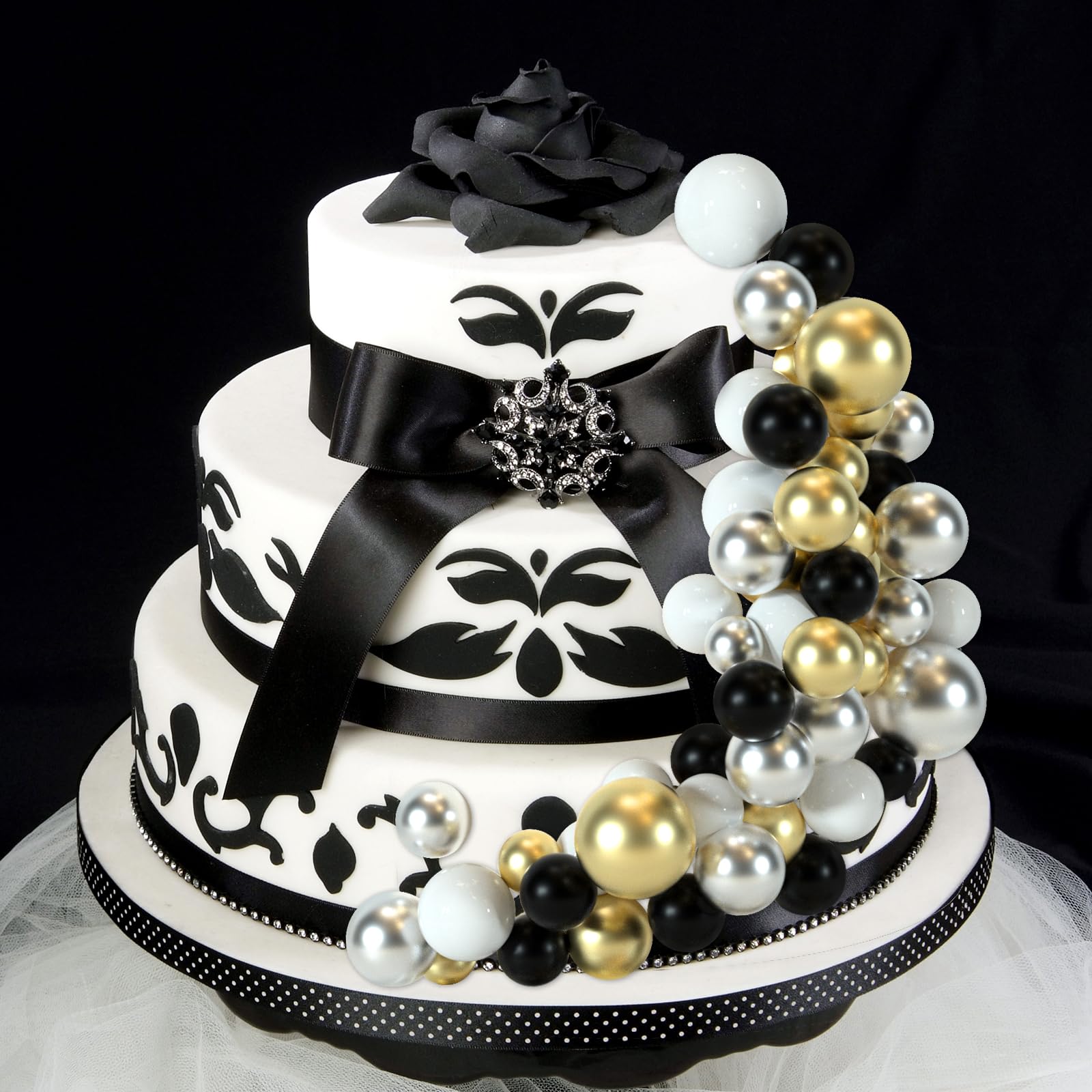 BOUBONI 48 Pcs Ball Cake Toppers – Foam Ball Decorations for Birthday, Wedding & Anniversary (Black, Silver, White, Gold)