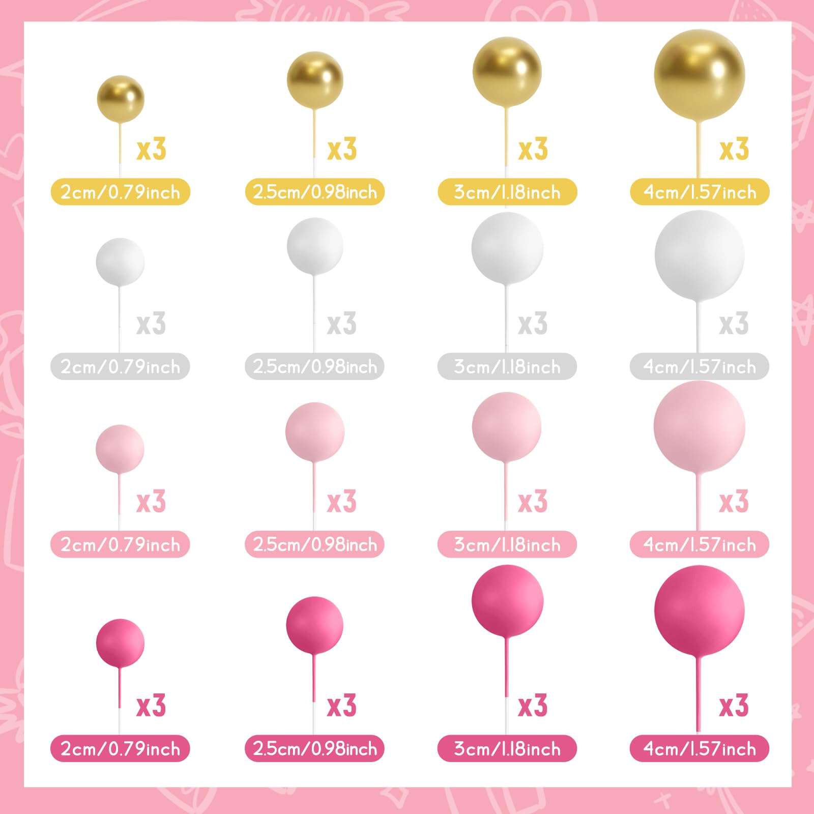 BOUBONI 48 Pcs Ball Cake Topper Decorations – Foam Ball Toppers for Birthday & Wedding