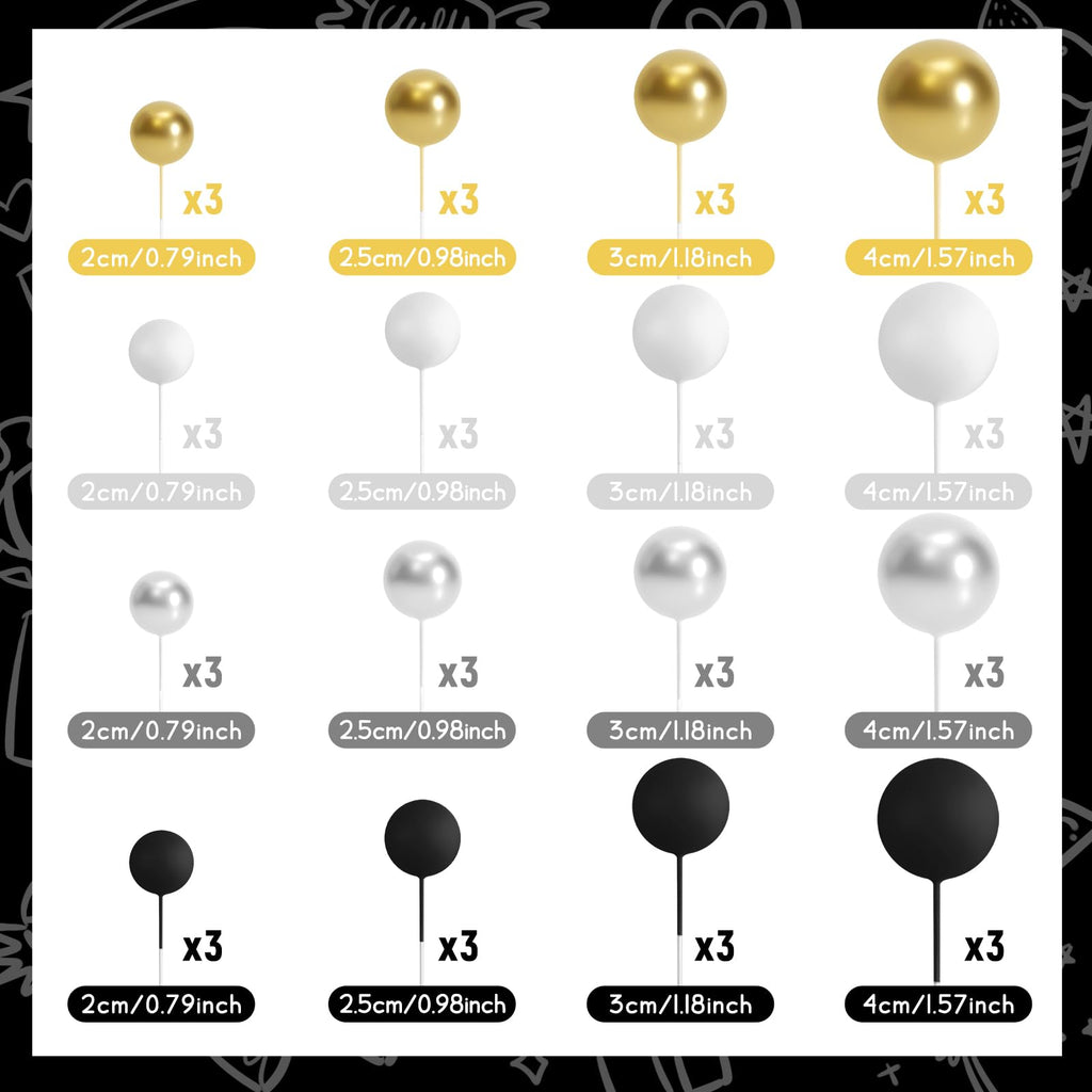 BOUBONI 48 Pcs Ball Cake Toppers – Foam Ball Decorations for Birthday, Wedding & Anniversary (Black, Silver, White, Gold)