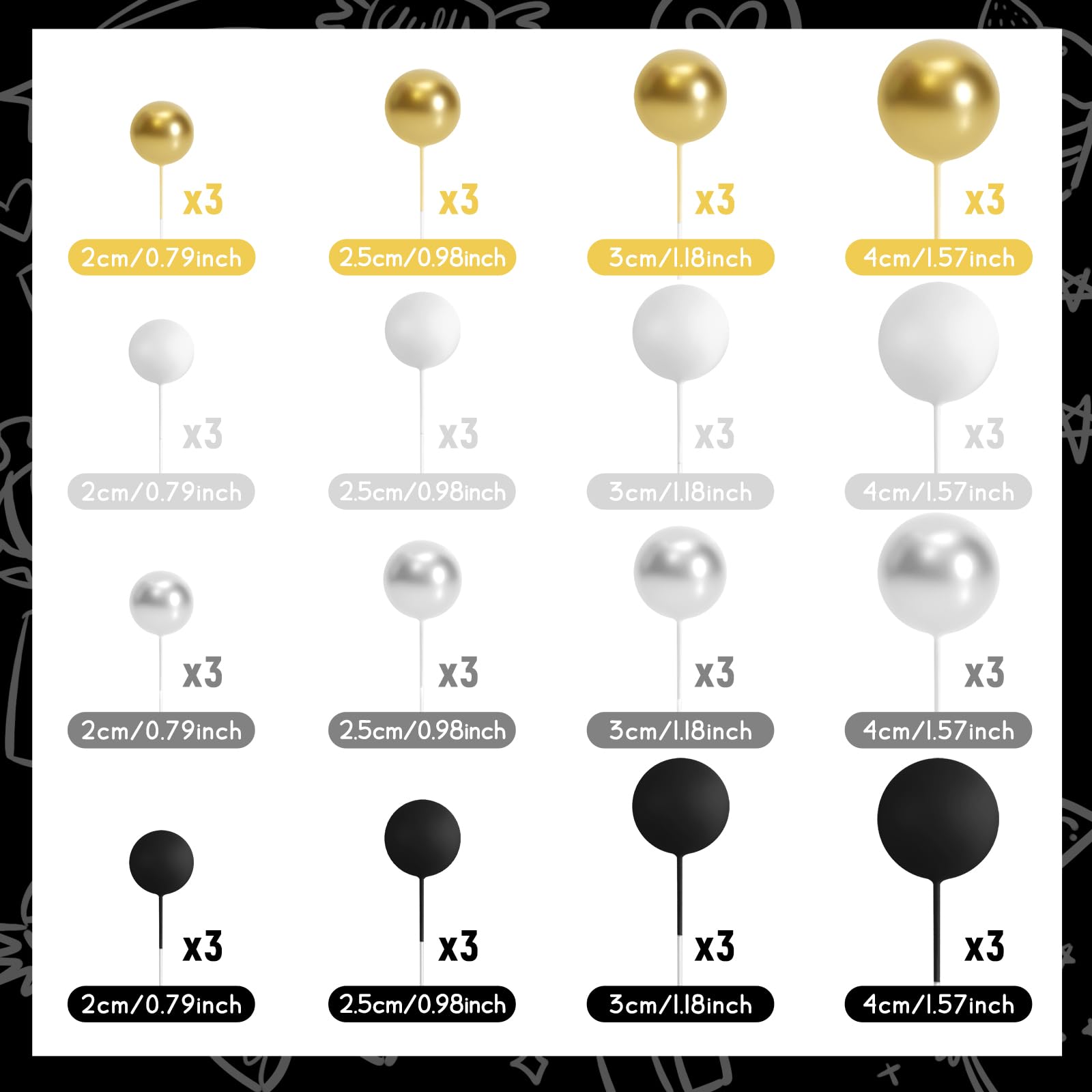 BOUBONI 48 Pcs Ball Cake Toppers – Foam Ball Decorations for Birthday, Wedding & Anniversary (Black, Silver, White, Gold)