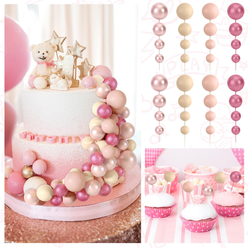 BOUBONI 48 Pcs Ball Cake Topper Set – Glitter Pink, Rose Gold, Apricot, Light Brown + 10 Butterflies
