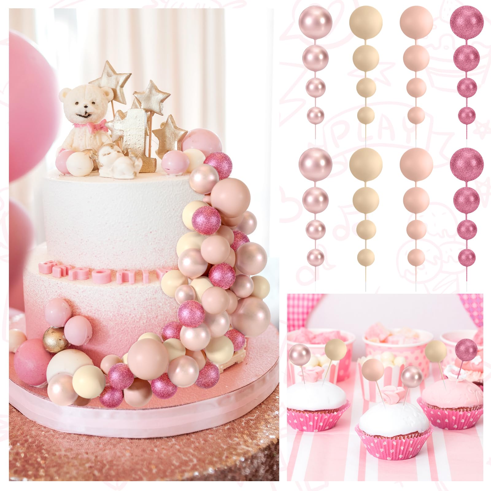 BOUBONI 48 Pcs Ball Cake Topper Set – Glitter Pink, Rose Gold, Apricot, Light Brown + 10 Butterflies