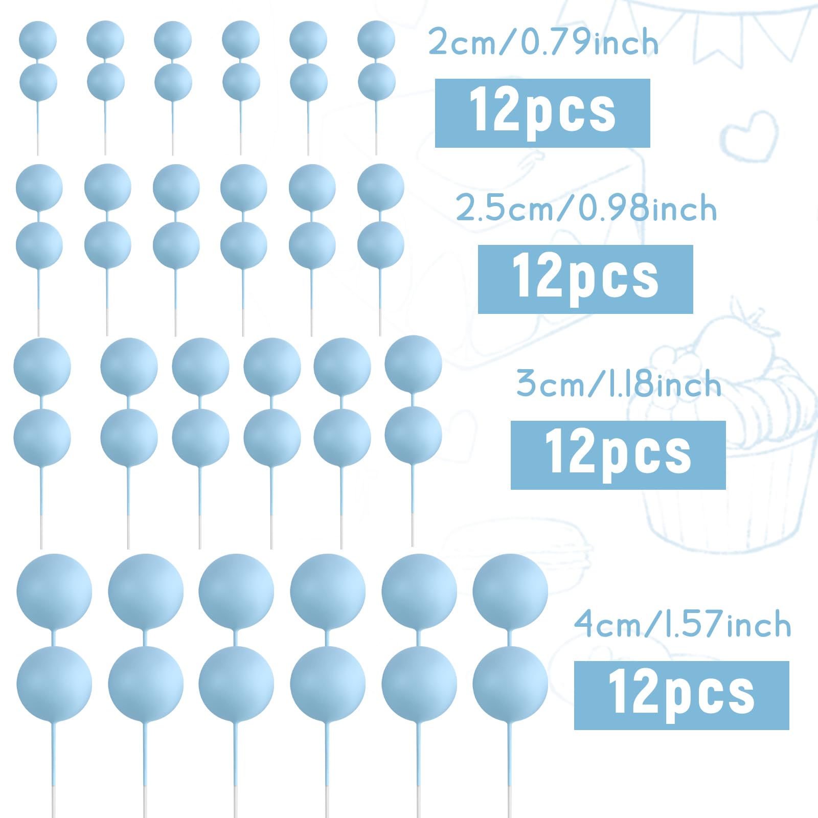 BOUBONI 48 Pcs Light Blue Ball Cake Topper Decorations – Foam Ball Toppers for Cakes, Cupcakes, Birthday & Wedding