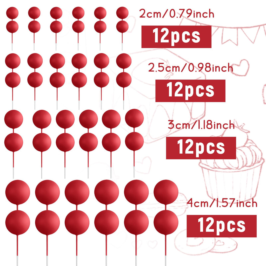 BOUBONI 48 Pcs Red Ball Cake Toppers – Multi-Size Foam Decorations for Birthday & Wedding