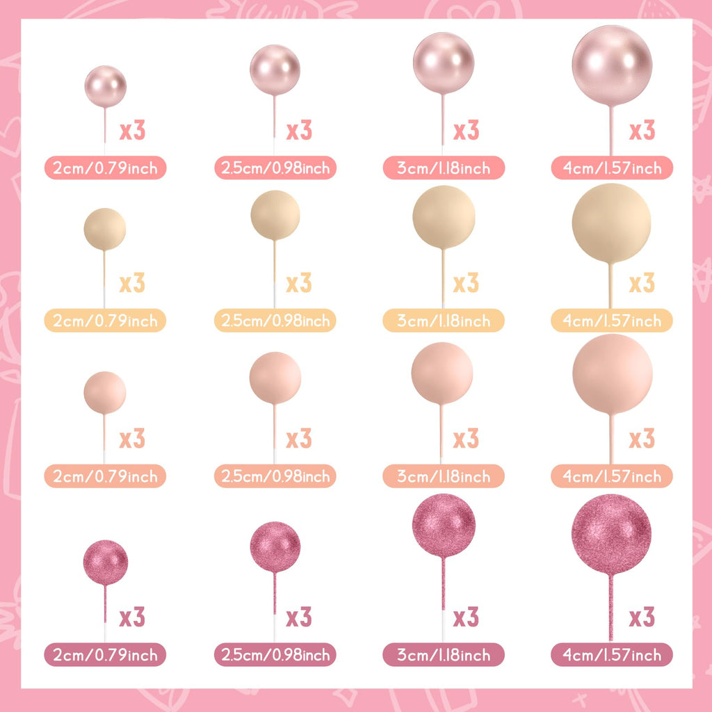 BOUBONI 48 Pcs Ball Cake Topper Set – Glitter Pink, Rose Gold, Apricot, Light Brown + 10 Butterflies