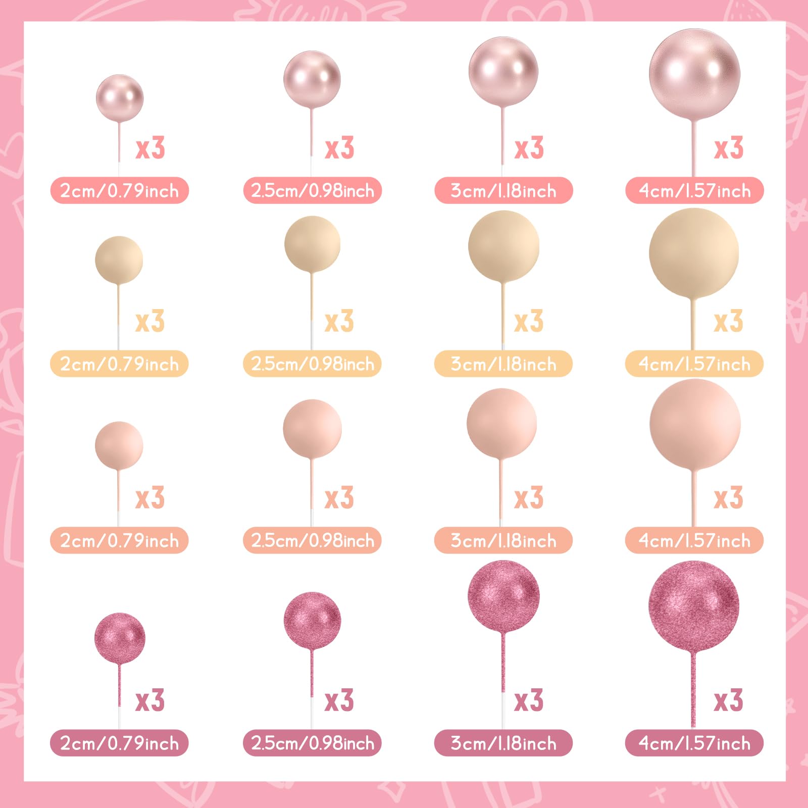 BOUBONI 48 Pcs Ball Cake Topper Set – Glitter Pink, Rose Gold, Apricot, Light Brown + 10 Butterflies