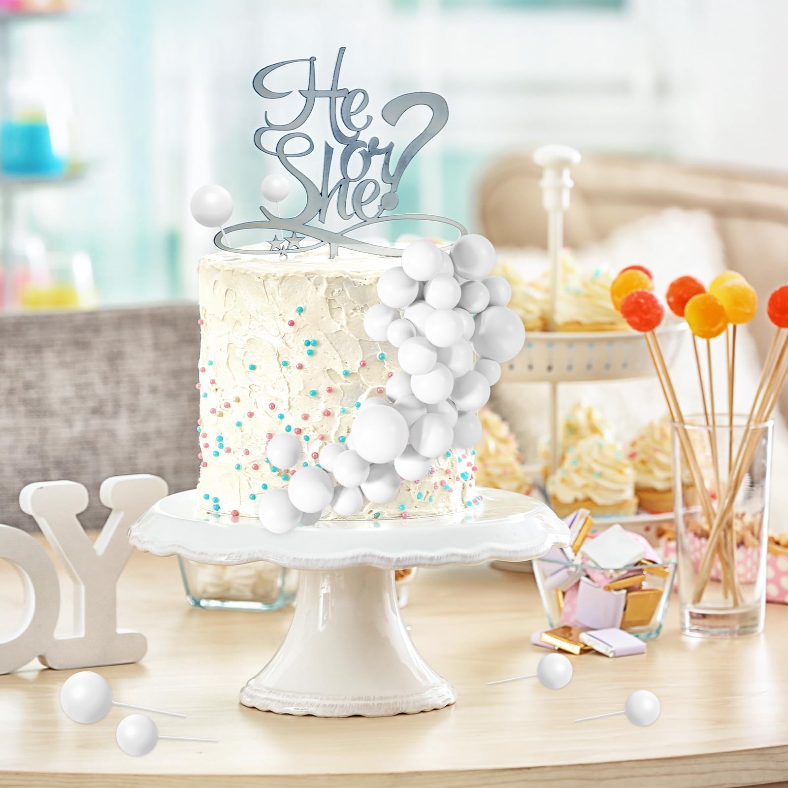 BOUBONI 48 Pcs White Foam Ball Cake Toppers – 4 Sizes for Birthday, Wedding & More
