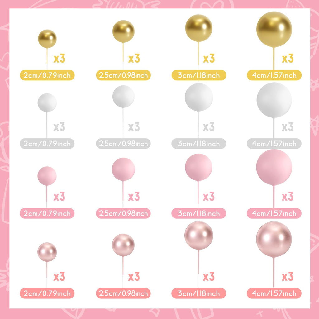 BOUBONI 48 Pcs Cake Topper Decorations – Balloon Toppers & Foam Ball Picks (Rose Gold, Pink, White, Gold)
