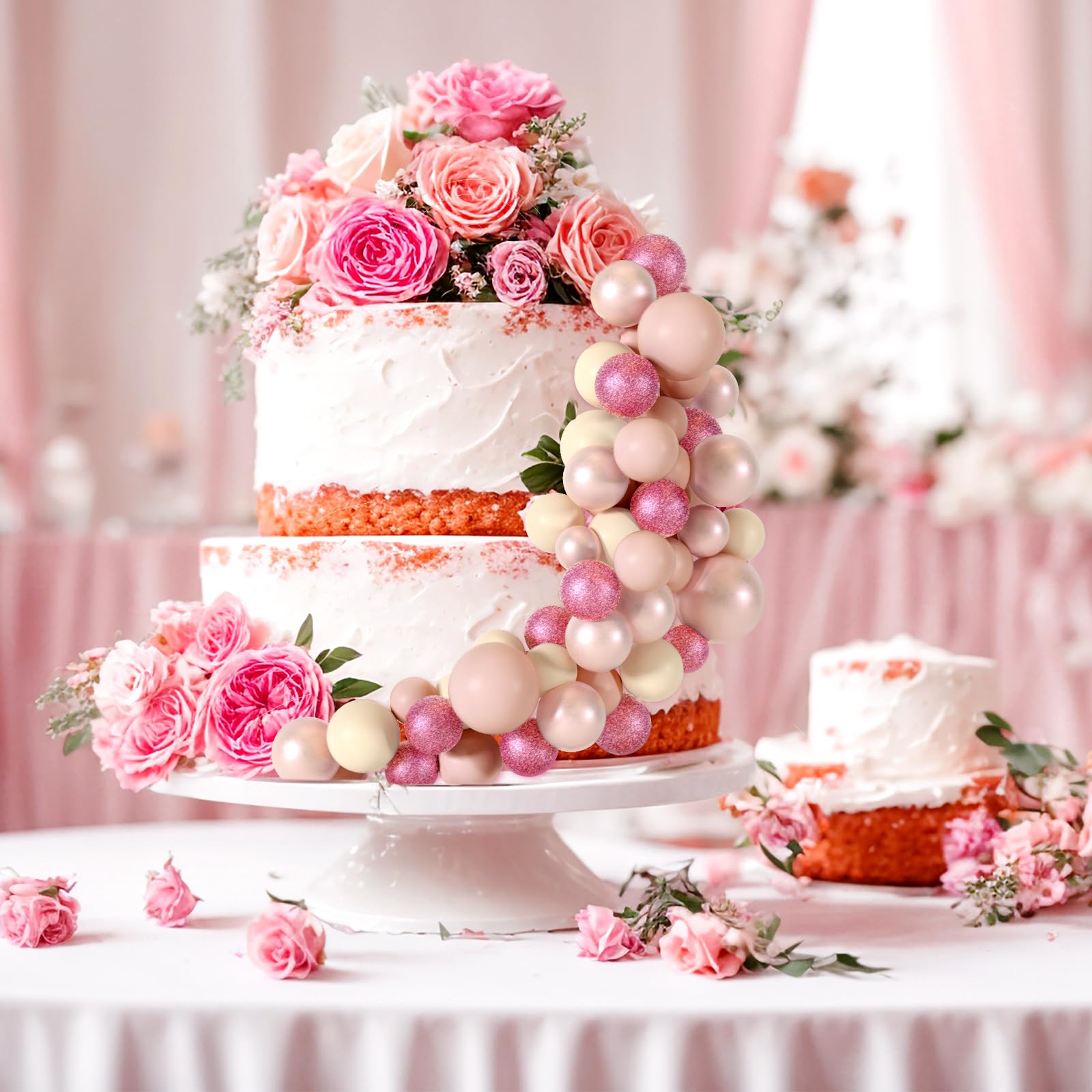 BOUBONI 48 Pcs Ball Cake Topper Set – Glitter Pink, Rose Gold, Apricot, Light Brown + 10 Butterflies